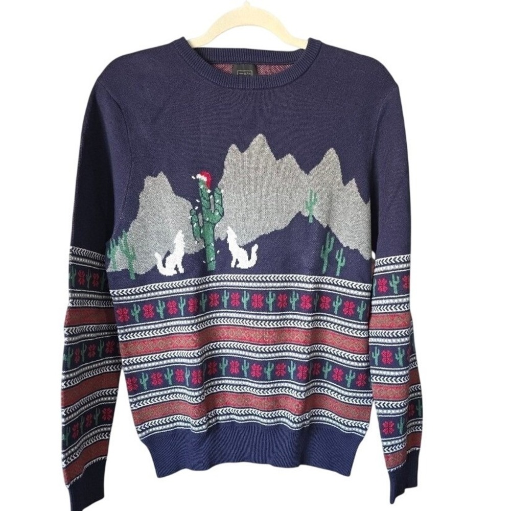 14th & Union Navy Wolf and Cactus Holiday Sweater Medium‎ Cotton and Acrylic.